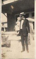 Man Baby Photograph 1930s Vintage Straw Boater Hat Outdoors House 3 3/8 x 5 3/8 picture