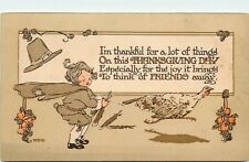 1912 AM Davis Thanksgiving Postcard Child Pilgrim Only Gets Turkey Tail Feathers picture
