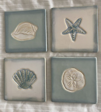 NEW Ceramic Coaster 4 Pc Set Square 4 Different Sea Shell Blue GreenGrey OpenBox picture