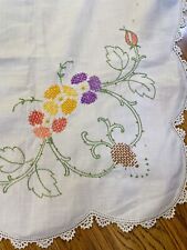 Vintage Handmade Floral Cross Stitch Tablecloth 38x36 purple yellow green picture