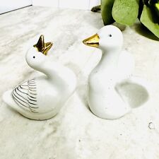 Vintage Porcelain White Duck Mini Figurine Set Gold beaks Geese Swan Mini picture