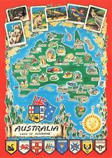 Postcard Australia Map Cartography Land of Sunshine Animals Cities Flags picture