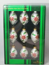 Poinsettia Finial Oval Ornament Set 9 White Red 2.5