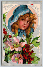Postcard Vintage Christmas Pretty Girl Holly Flowers Divided Back -9329 picture