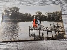 Antique Photo 2 Girls Teens On Bridge Colored Water picture