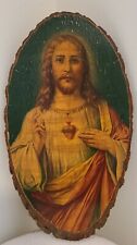 Vintage Oval Lacquered Sacred Heart Jesus  on Wood Slice picture
