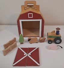 Vintage Handmade Wood Barn, Tractor, Fence, Lamb, Chicken, Pig Tree 8Wx9.5Hx6.5W picture