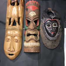 Vintage African Tribal & Tiki Hand Carved  & Painted Wooden Masks - Lot Of 3 picture