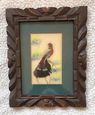 1950s Mexican Feathercraft Folk Art Bird in Hand Carved Wood Frame w/ Watercolor picture