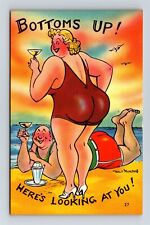 Postcard Humor Comic Fat Woman & Man Drinking At Beach Bottoms Up 1940s AL1 picture