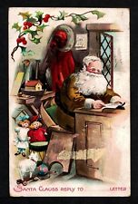 3603 Antique Vintage Christmas Postcard Santa Brown Suit Writing Letter Workshop picture