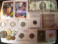 junk drawer lot coins & Vintage Baseball Cards Tokens Bills etc. picture