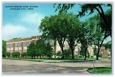 Charles City Iowa Postcard Junior Senior High School Road c1940 Vintage Antique picture