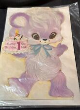Vintage 1st Birthday Card Big Eye BEAR W/Birthday Cake ANTHROPOMORPHIC UNUSED. picture