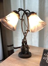 Bronze Iron Kissing Couple Table Lamp Art Nouveau Style Two Tone Glass Shades picture