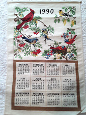 Vintage 1990 Linen Calendar Tea Towel Birds Cardinals Goldfinches w Sequins picture