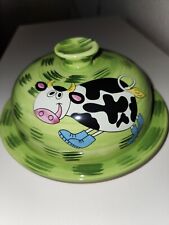 Vtg  Butterdish Green With Black And White Cow Wearing Blue boots SAP Trading picture
