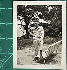 Vintage Photo Black White Snapshot Military Man Standing w/ Foot On Bench picture