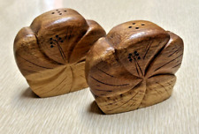 Vintage Carved Wooden Hibiscus Flower Salt And Pepper Shaker 1940s Hawaii picture