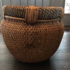 Large Woven Storage Basket Vintage Wicker Rice Pot Chinese Braided Vessel Rare picture