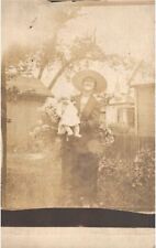 RPPC Real Photo Postcard Victorian Women In Big Hat & Baby in Backyard Garden picture