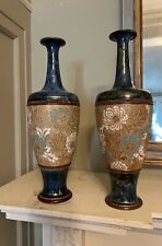 15” Tall Antique Pair Royal Doulton Cobalt Blue Slater Patent Lambeth Vases picture