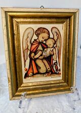 Hummel Angel with Baby  Postcard Lithograph Framed in gold frame-Hummel Signed picture