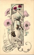 Vintage Postcard Birthday Woman in Fancy Hat  Collie Dog Art Nouveau 1913 Poppy picture