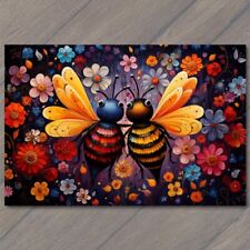 POSTCARD Whimsical Bees Buzzing in Love Colorful Valentine’s Day Flowers 🌸🐝💖 picture
