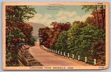 Greetings Indianola Iowa Scenic Forested Roadway Linen Cancel WOB Postcard picture
