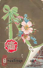 Christmas Greetings, Flowers Ribbon Gold Embossed, Vintage Postcard picture