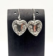 Vintage Repousse Scroll Heart Sterling Silver Hook Drop Earrings - 4.1g picture