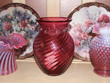 Vintage 1980's Pilgrim Cranberry art glass pink swirl vase applied crest collar picture