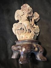 Vintage Chinese Hand Carved Soapstone Bird & Floral Sculpture - on stone base picture