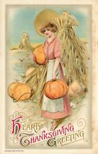 Winsch Schmucker Thanksgiving Postcard; Lovely Girl & Pumpkins, Golden Full Moon picture