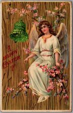 c1910s HAPPY EASTER Greetings GEL Postcard Angel / Clover Bell / Cherry Blossoms picture