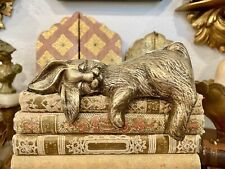 Vintage Brass Sleeping Bunny Rabbit Shelf Book Sitter Decorative Figurine picture