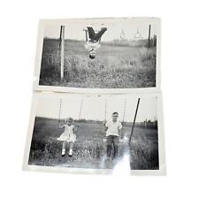 Vtg B&W Photo 1960 Cute Young Children Hanging Upside Down Snapshot Lot of 2 picture
