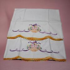 Vtg Pillow Cases Hand Embroidered Set Umbrella Ombre Crocheted Edge 21