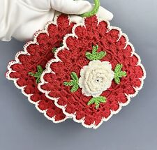 Vintage Hand Crochet Potholders Red White Green Floral Flower Pair picture
