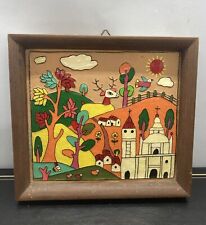 Vintage Hand Made Painted Colorful City/Town Scape Made in Mexico Framed Tile picture