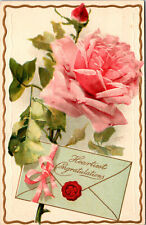 Vtg 1910s Heartiest Congratulations Pink Rose Embossed Postcard picture
