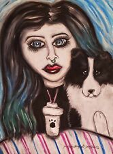 Goth Girl with Sheltie Coffee 13x19 print art by Artist KSams Signed Woman picture