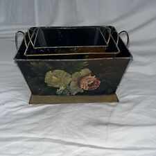 Vintage Set of 3 Nesting Tole Metal Tin Hand Painted Flowers Planters picture