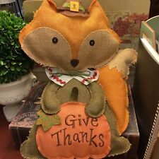 Large Fabric Fox~”Give Thanks”~Holding Pumpkin~Wearing Pilgrim Hat/Collar~Wire~ picture