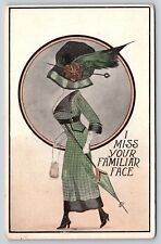 Comic Pun~I Miss Your Familiar Face~Lady Walking W/ Umbrella~PM 1913~Vintage PC picture