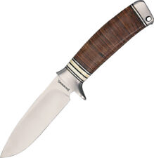Browning Stacked Brown Leather Handle Stainless Fixed Drop Pt Blade Knife 814 picture