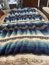 40”x80” 1970 Vintage Mexican Weaved Throw Blanket Blue And White Family Owned picture