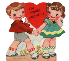 Vintage Valentine Card Rosy Cheeks Boy Bashful Girl I'm Yours picture