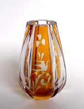 Vintage Huta Julia Art Deco Amber Cut to Clear Bohemian Glass Vase  Poland 4.5